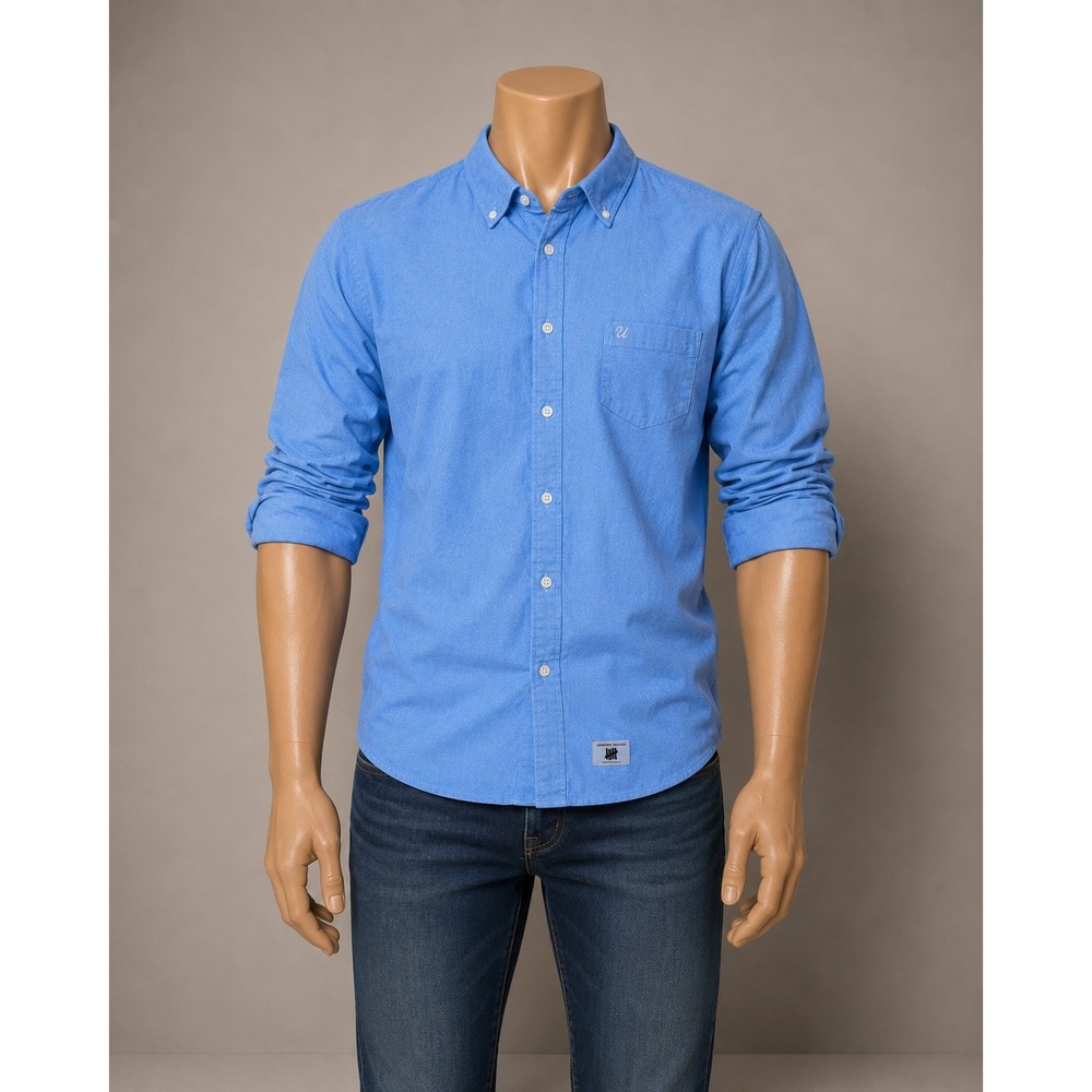 Undefeated Mens Blue Oxford Button Down Long Sleeve Shirt Size M Logo Patch